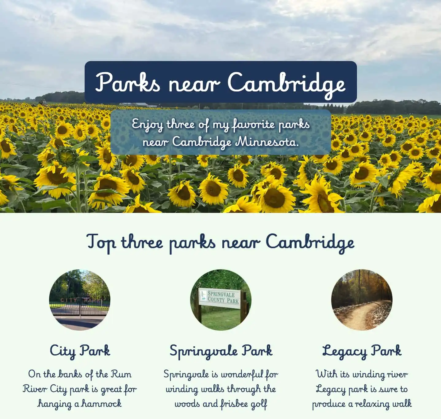 Hometown parks website showing three favorite parks.