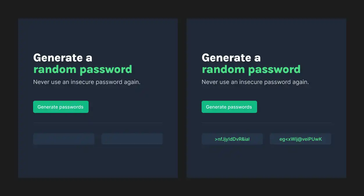 Password generator site with and without generated passwords.