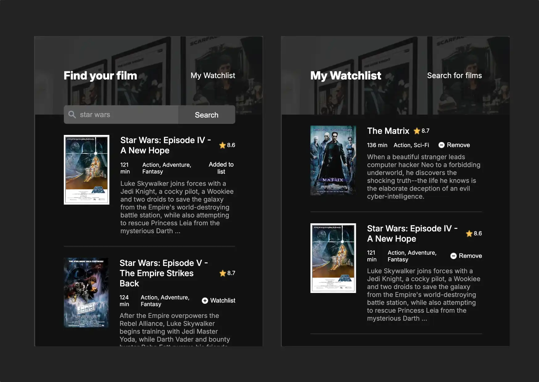 Search and save your favorite movies to a watchlist.